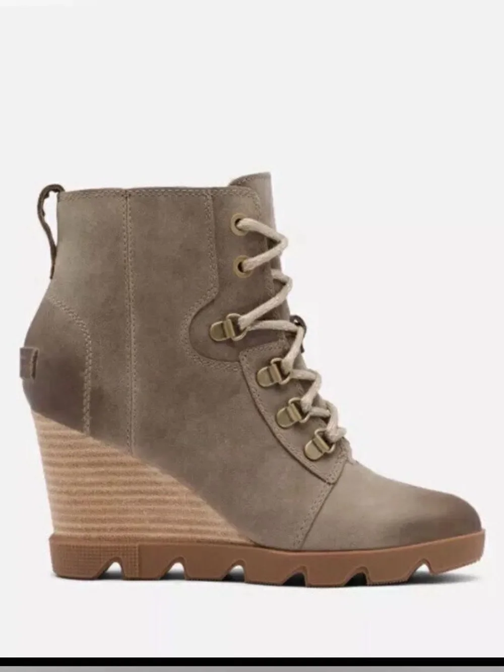 Sorel Joan Uptown Waterproof Wedge Bootie in mushroom. 8.5